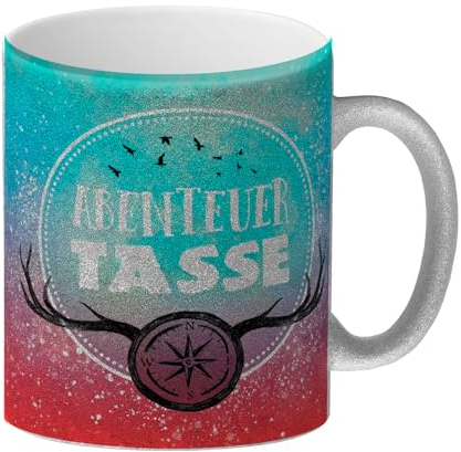 trendaffe Abenteuer Becher Glitzer-Kaffeebecher mit Geweih und Kompass Motiv