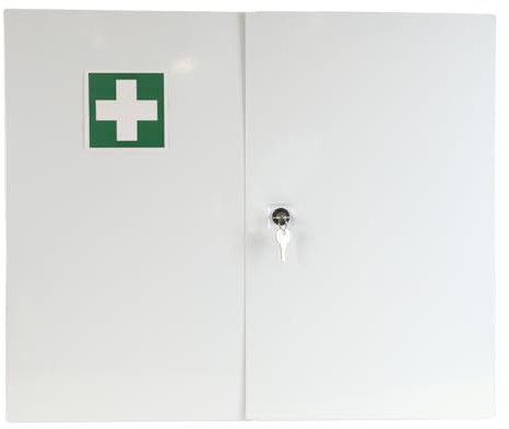 Erste Hilfe Verbandschrank DIN 13169:2021, Medizinschrank mit 3 Fächern (zweitürig) + abschließbares Medikamentenfach & Sicherheitsschloss – aus Metall, 60 x 50 x 13 cm – groß, robust - zum Aufhängen