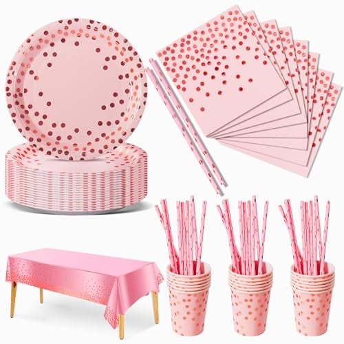 Nkaiso Partygeschirr Kindergeburtstag, 126 Stück Rosa und Roségold Pappteller Kindergeburtstag Mädchen Party Set mit Pappteller, Pappbecher, Servietten und Strohhalme für 25 Gäste