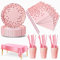 Nkaiso Vajilla de Fiesta,126 Piezas Rosa y Oro Rosa Puntos Dorados,Set de Juego de Platos y Cubiertos, cubertería de cartón, Vasos y servilletas,para cumpleaños,Aniversarios (25 Invitados)