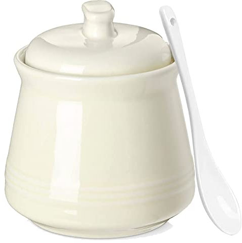 Ceramic Sugar Bowl with Lid and Spoon, 12oz Farmhouse Sugar Jar, Porcelain Sugar Container for Coffee Bar, Kitchen Countertop, Turquoise Sugar Holder Sugar Pot for Salt Creamer, Dishwasher Safe, Cream