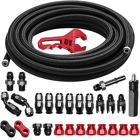 Brifitor 6AN 25FT PTFE Fuel Line Kit, AN6 E85 Nylon Stainless Steel Braided Fuel Hose with 28 PCS AN Fitiings Adapter, Black