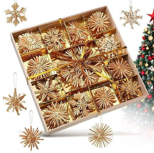 48 Pcs Straw Ornaments Set Scandinavian Christmas Decorations Including Stars Snowflakes Hearts Angel Wreath Goats/Julbuck for Danish Norwegia Nnordic Christmas Tree (Novel Snowflake)