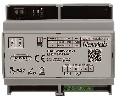 NEWLAB PUSH-230V-1KW, Led Dimmer Taglio di Fase, Ingresso Push Pulsante N.O., Montaggio Su Barra DIN, 110V 220V Max 1000W, Made In Italy
