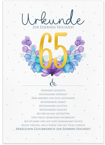 maloOo Geschenke Eiserne Hochzeit Geschenk Urkunde zum 65. Hochzeitstag | personalisierte Karte DIN A4 | Geschenkidee Eisenhochzeit Jubiläum Glückwunschkarte (65. Hochzeitstag Eiserne Hochzeit)