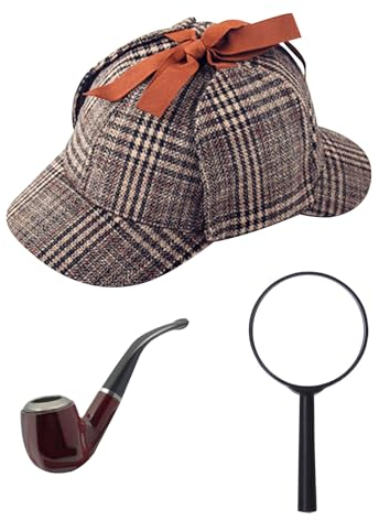 NAUZE 3-teiliges Detektiv-Kostüm-Zubehör-Set, Lupe, Pfeife, Deerstalker-Hut, viktorianischer Detektiv-Sherlock-Kostüm-Set für Halloween-Party-Zubehör