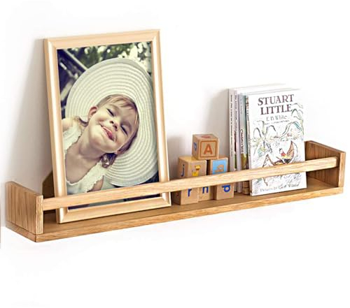 OAKERLAND Wandregal Kinderzimmer Holz Bücherregal Wand, 70cm Wandregal Eiche Massiv für Kinderzimmer, Eiche Schweberegal Bilderleiste für Bücher Märchenbücher, Zeitschrift