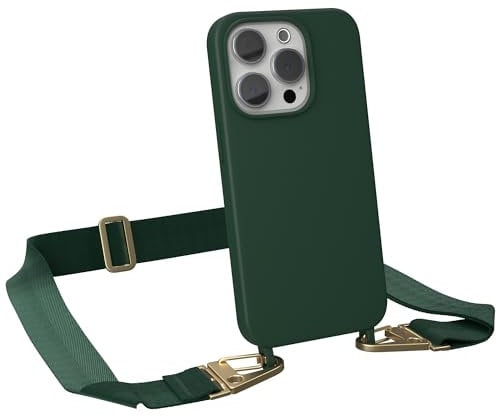 EAZY CASE - Handykette mit Band kompatibel mit iPhone 15 Pro - dünne Handyhülle für iPhone 15 Pro Hülle Silikon stoßfester Fallschutz Kette zum Umhängen Hülle mit Band in Pinien Grün - Clips Gold
