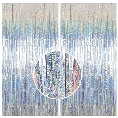 Lametta Vorhang Silber Laser, 2 Stück Metallic Folie Fransen Lametta Vorhänge, Streamer Tinsel Curtain Photo Booth Backdrop für Geburtstag Babyparty Hochzeit Frozen Weihnachten Partydeko(1m x 2m)