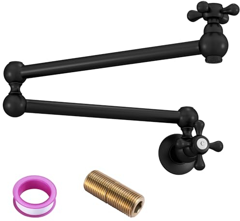 WHSHOWER Topffüller Wasserhahn Schwarz Wandhalterung Faltbare Küchenarmatur mit Doppelgelenk Schwenkarm Dehnbar Messing Herd Küche Topf Filler Wasserhahn