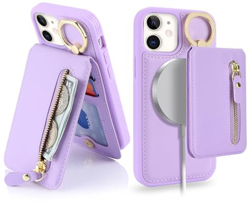 Havaya for Cover iPhone 12 mini Magsafe Compatible Custodia iPhone 12 mini con Porta Carte cerniera staccabile 2 in 1 portafoglio donna - Viola