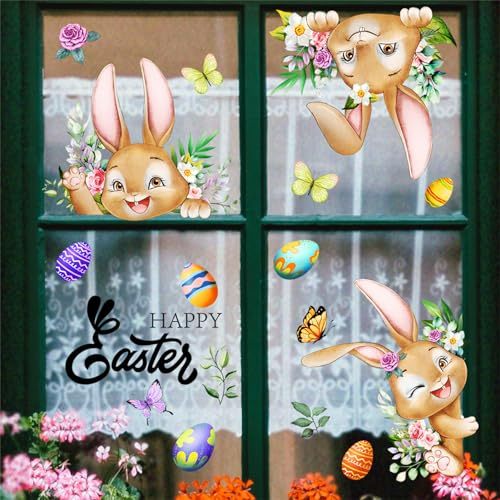 Uixxducc Fenstersticker Ostern Fensterbilder Selbstklebend, Doppelseitig Fenstersticker mit Hasen Ostereier Küken, Fenster Aufkleber Dekorationen für Ostern (02)