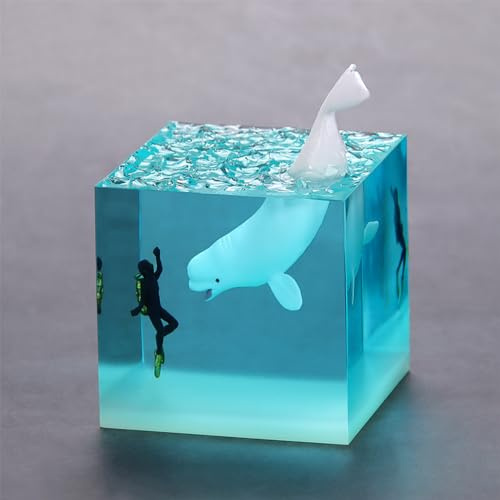 Tuzsocr 3D-Epoxidharz-Lampe, LED-Wal-Nachtlicht, Seetaucher und Hai-Würfel-Lampe, realistische Ozean-Tier-Skulptur, Walmodell mit Holzsockel, 70 mm, einzigartiges Geschenk für Ozeanliebhaber (Stil 2)