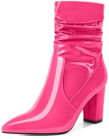 EDEFS Damen Klobige Ferse High Heel Stiefelette Sexy Knöchelstiefel High Absatz Party, Hochzeit Und Abend Hot Pink Spitze Zehe Lack Stiefel 3.4 Inch/8.5cm Größe EU44