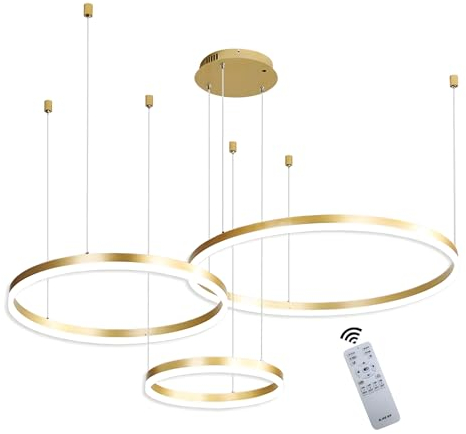 WayLuoung Metall LED Kronleuchter | 3 Kreise 20+40+60cm | 45W Rings Deckenhängelampe, Dimmbare Fernbedienung 3000–6000K, Acryl Schirm Pendelleuchte, Wohnzimmer Schlafzimmer Foyer Esszimmer【Gold】