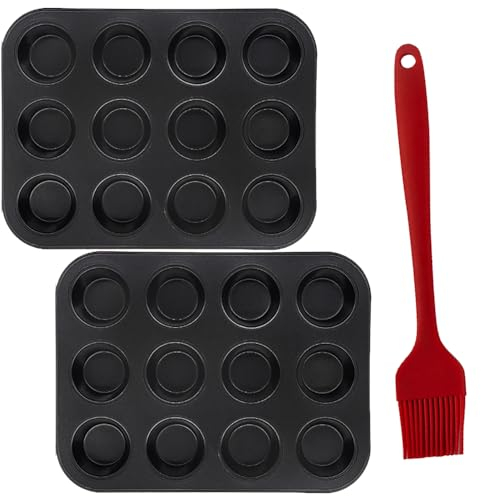 2 Pack Bakeware Yorkshire Pudding Tray Cupcake Tray Muffin Trays 12 Cup Yorkshire Pudding Tin Mini Cake Tins Baking Tray Set Non-Stick Muffin Cases for Baking Pastries , Bun, Cupcakes(Free Brush)