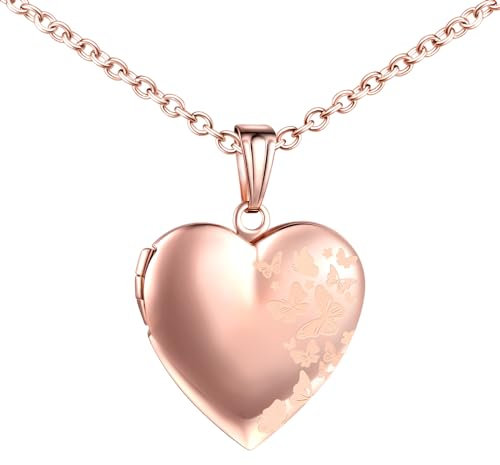 MICMIF Edelstahl Herzkette Bilder Medaillon mit Schmetterlinge Muster Personalisierte Halskette Foto Anhänger in Herzform Medaillon Personalisiert Foto Kette für Mama Freundin & Frauen