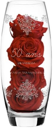 CADEAUX.COM - Vase Ovale Personnalisable + Roses pour Femme de 50 Ans - Vase Personnalisé et 4 Roses Eternelles - Message Personnalisable - Cadeau Anniversaire - Cadeau Femme