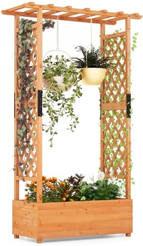 COSTWAY Garden Planter with Trellis, Hanging Roof and Drainage Holes, Weather-Resistant Wooden Raised Bed for Vine Climbing Plants, Outdoor Trough Container Grow Box Flower Pot (Orange, 110x44x180cm)