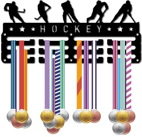 CREATCABIN Hockey-Medaillenaufhänger,Medaillenhalter,Sportregal,Wandmontage,Rahmen,Eisenmetall,Medaillenhaken,Organizer Aufhängen von Über 40 Medaille,Auszeichnungen,Eishockeyspieler,29x13cm,Schwarz