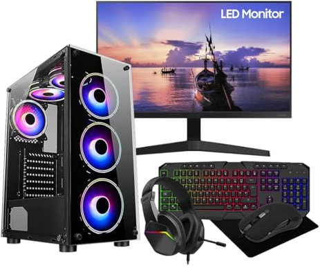 ASC TECHNOLOGY Gaming PC Bundle, i7, 16GB RAM, GTX 1650 4GB, 256GB SSD + 1TB HDD, 500W 80+ PSU, Black 6 Fan RGB Case, WiFi, Windows 11 –22 Monitor Bundle