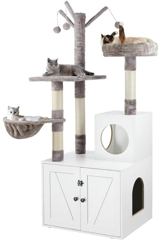 Timberer Litter Box Enclosure with Cat Tree, Wooden Cat House with Cat Tree Tower, Hidden Cat Litter Box Furniture with Scratching Post, Modern Cat Condo, White