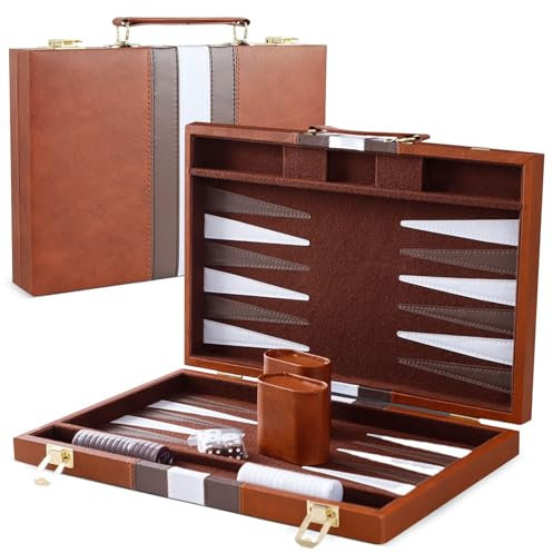 Hengrongshen Backgammon, 2 Spieler Backgammon Holz Braun15 Zoll, Backgammon Reise Wird mit Einer Hochwertigen Braunen Ledertasche und Einem Würfelbecher (Braun, 15 Zoll)