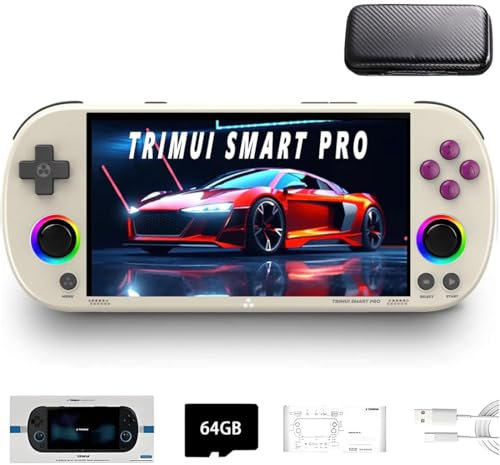 Meiurlex TRIMUI Smart Pro Console de jeu portable 64 Go pré-chargée 12 000 jeux avec écran IPS de 5,9 Linux A133P rétro consoles de jeux vidéo prend en charge la bataille en ligne WiFi – avec étui de