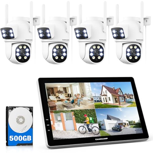 CAMCAMP CCTV Camera System with 10.1 Monitor 4K NVR- 2K 10CH Dual Lens 2.4G&5G WiFi Pro Outdoor PTZ Wireless Camera, Auto Tracking, 2-Way Audio, Color Night Vision, 24/7 Record, 500GB Hard Drive