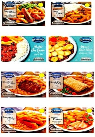 Kershaws Healthy 8 Pack Ready Meal Combo Bundles (Sausage dinner/Beef curry/Chilli con carne/Minced beef hotpot/Steaklet & chips/Steak pie & chips/Sausage & chips/Pork dinner)