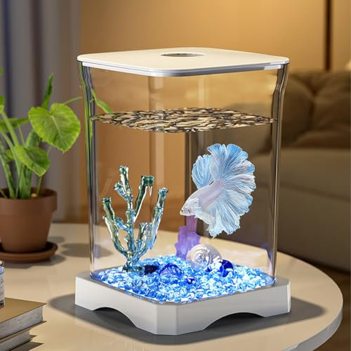 Niwugady Aquarium mit Fütterungsöffnung Oben und Eingebautem Bodenlicht, Rechteckiges Mini Tischaquarium Aquarium Starter Set Tischdekoration für Kampffische, 11.8 x 11.8 x 17.7cm,Weiß