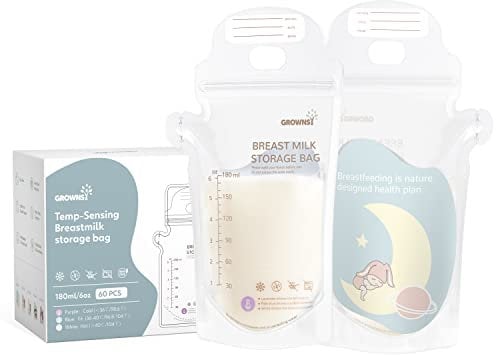 Grownsy Bolsas para Almacenamiento y Congelación de Leche Materna, 60 bolsas desechables de 180 ml, Transparente, Libre de BPA, Detección de Temperatura, Protección Anti-fugas, Autoportantes