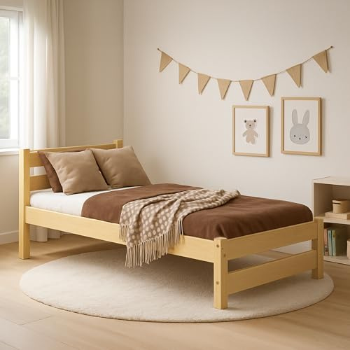 MEBLE WRÓBEL Kinderbett 90x180 cm mit Lattenrost - Einzelbett aus Kiefer Massivholz - Kinder Bett Montessori – Jugendbett Unlackiert – Tagesbett ohne Matratze