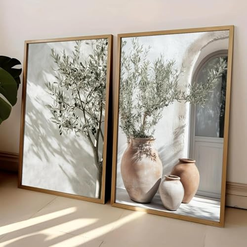 Neutraler Olivenbaum-Schattenvase-Leinwanddruck, Poster, Retro-botanische Landschaft, Kunstdruck, Heimdekoration, Kunst, Leinwandgemälde, 70 x 100 cm, 2-teilig, rahmenlos