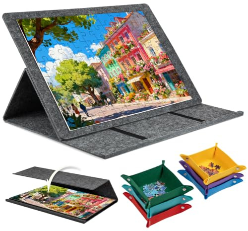 OJTOJT Faltbares Puzzlebrett, Puzzle Board 1000 Teile, Puzzle-Brett mit 2-in-1-Stand- und Abdeckdesign, Tragbarer Puzzletisch Filz mit 6 Farbigen Sortierschalen, für Verschieben und Speichern