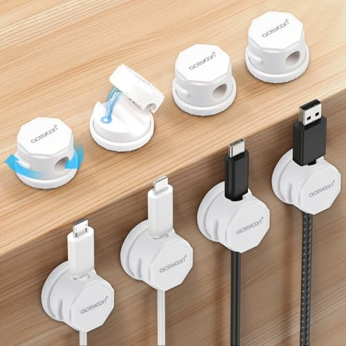 aceyoon 8 Pack 360° Rotatable Cable Holder Clips Upgraded Magnetic Desk Cable Clips Management Self Adhesive Wire Holder Organiser Phone Charging Cable Keeper for Car, Wall, Kitchen, White
