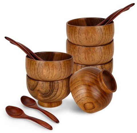 WeeGoo 6 Pcs Acacia Wooden Bowls with 6 Pcs Spoon, 9 cm/3.54 inch | Round Japanese Wood Bowl, for Cereals Rice Soup Condiments Dip Sauce Nuts