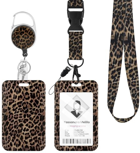 Fycyko Porte Badge avec Ruban Enrouleur, Porte Badge Tour de Cou Motif Léopard avec Ruban Marron, Porte-carte d'Identité pour Étudiants,Femme Infirmiere Accessoires-Motif Léopard Marron