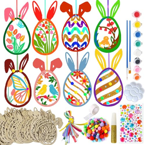 108 Stück Holzanhänger Zum Bemalen, Oster Basteln,Osteranhänger Holz | Pompons, Strass, Aquarellstift, Deko Schnur, Osteraufkleber, DIY Ostern Bastelset, Ostereier Party
