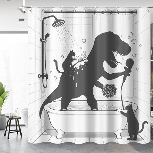GCIREC Rideau de douche, 180 x 200 cm, motif chat mignon amusant pour aider le bain de dinosaures, tissu imperméable, lavable en machine, avec crochets