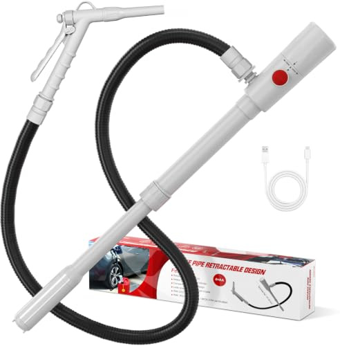3.2GPM Elektrische Dieselpumpe, 12 L/min Batteriebetriebene Benzinpumpe, Elektrische Kraftstoffpumpemit 136.5cm-Schlauch, Teleskopischer Fasspumpe​ für Benzin, Traktor, Generator, Rasenmäher -Weißrot