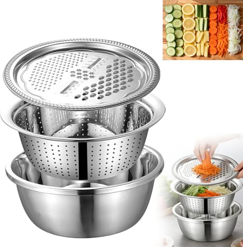 Zorkkra 3 in 1 Stainless Steel Basin and Grater Set – Washing Up Bowl with Colander and Grater Lid, Multifunctional Kitchen Prep Bowl for Veggie Noodles, Salad,Dishwasher Safe Nesting Bowls Set (24cm)