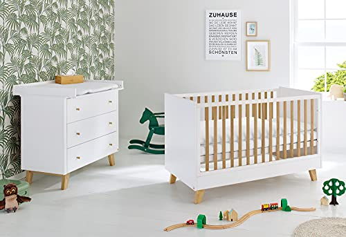 PINOLINO Kinderzimmer-Set Pan breit, 2-tlg. mit Kinderbett und breiter Wickelkommode aus MDF Uni, weiß edelmatt lackiert