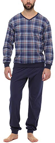 Timone Herren Schlafanzug Lang mit Bündchen aus Baumwolle Nightwear Set TI30-107 (Kariert7 Marine, M)