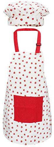 Jennice House Kids Apron and Chef Hat Set, Cute Children Baking Aprons for Boys and girls Cooking Artists Painting Gardening Aprons (Red Strawberry, Large)