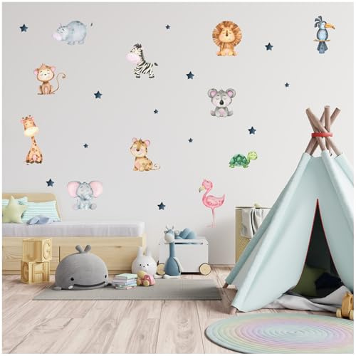 Wandsticker personalisiert Sticker Aquarell Tiere mit Name Wandtattoo für Kinderzimmer Babyzimmer Spielzimmer Mädchen Junge Y037 (Nr. 3 Tiere, Ohne Wunschname)
