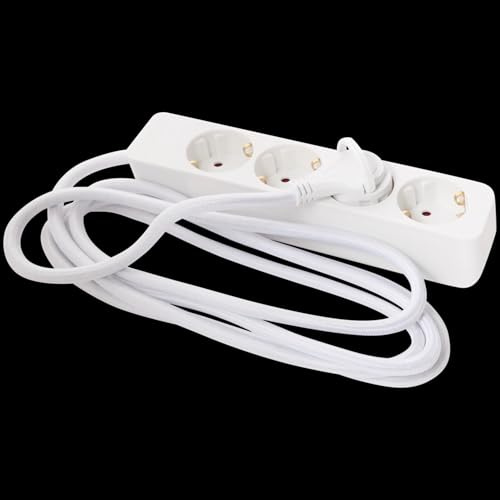 Pro Max Steckdosenleiste 2,5 m mit Flachstecker ohne Schalter 2,5 m lang Textilkabel weiss schwarz geerdet 3 Fach Max 3680 W