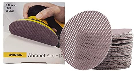 MIRKA Abranet Ace HD Disques abrasifs filet Ø 125mm autoagrippant - grain P120-25 pces - Pour ponceuses excentriques 125mm - pour poncer les surfaces dures, bois, mastic, peinture, métal