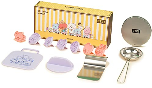 BT21 Squid Biscuits Zuckerkuchenspiel koreanisches Zucker-/Süßigkeiten-Werkzeug-Set Dalgona-Set (7 Stück in 1 Set), Schöpflöffel, Formrahmen, Presse Edelstahl, Bodenplatte, kreisförmiges Gehäuse