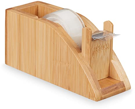 Relaxdays 2 x Tischabroller Bambus, Klebestreifen Spender für 25mm Rollen, Klebebandabroller mit Abrisskante, zum Basteln, Natur